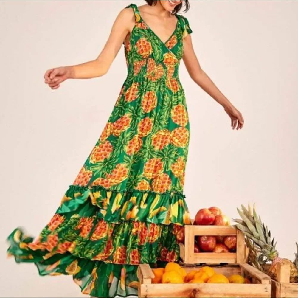 NWT FARM RIO Pineapple Galore Smocked Waist Maxi Dress L - Picture 3 of 11